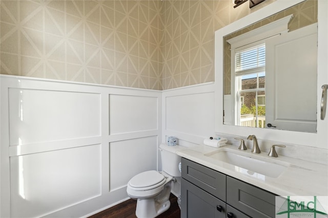 bathroom with wood-type flooring, vanity, and toilet