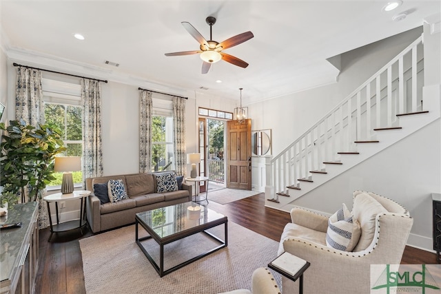 living room with wood-type flooring, ceiling fan with notable chandelier, and crown molding