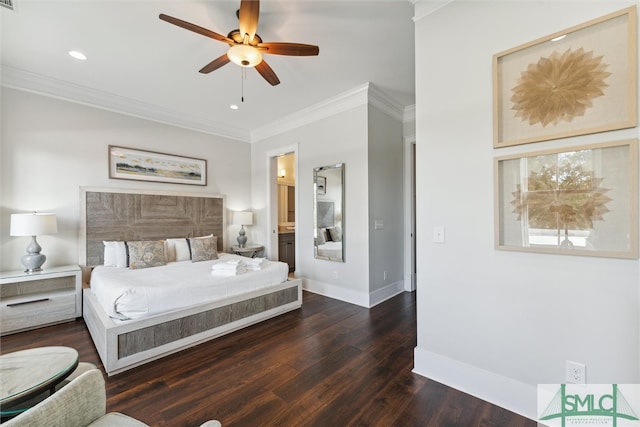 bedroom with ornamental molding, ensuite bathroom, ceiling fan, and dark hardwood / wood-style flooring