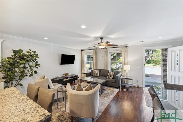 living room with crown molding, ceiling fan, a barn door, and dark hardwood / wood-style floors