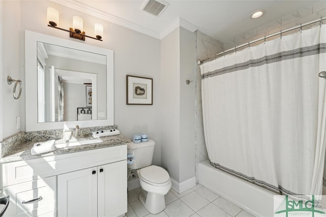 full bathroom with shower / tub combo with curtain, vanity, crown molding, tile patterned flooring, and toilet