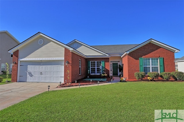 ranch-style house with a front yard and a garage