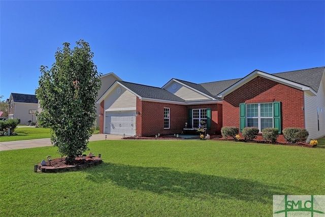 ranch-style house with a garage and a front lawn