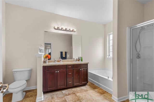 full bathroom with vanity, plus walk in shower, toilet, and tile patterned floors