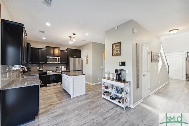 kitchen featuring sink, a kitchen island, light hardwood / wood-style flooring, backsplash, and appliances with stainless steel finishes