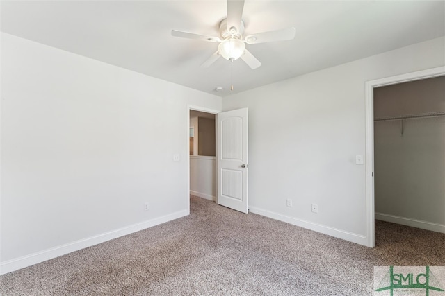 unfurnished bedroom with ceiling fan, a closet, and light colored carpet