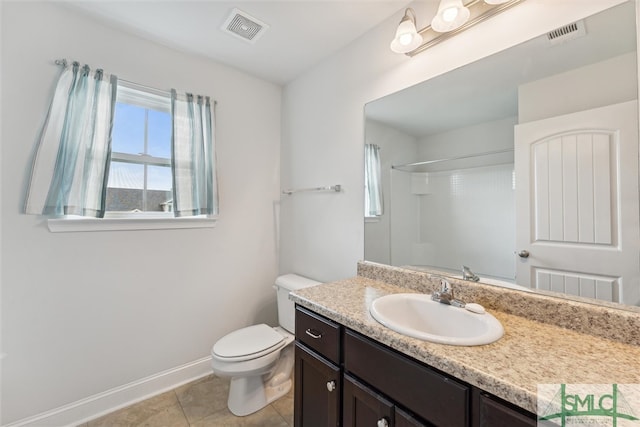 bathroom with tile patterned floors, vanity, toilet, and a shower