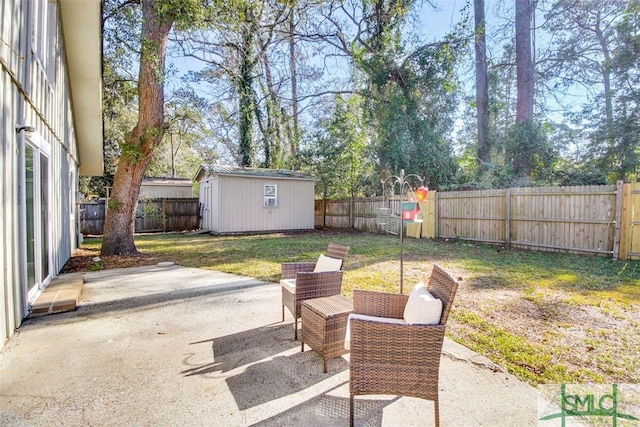 view of patio featuring a shed