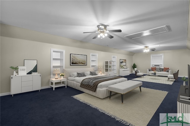 bedroom featuring ceiling fan, lofted ceiling, and dark carpet