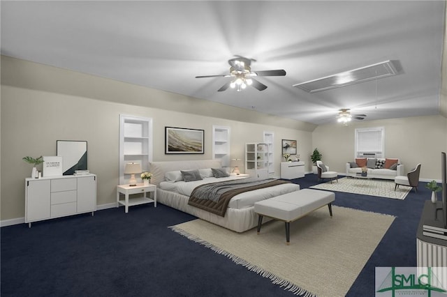 46 River Oaks Rd, Savannah, GA 31410 - bedroom with attic access, dark colored carpet, baseboards, and ceiling fan