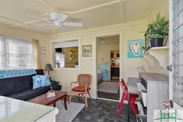 living room featuring ceiling fan