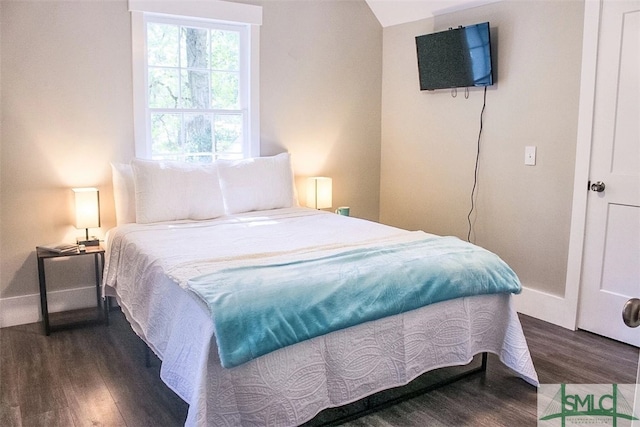 bedroom with dark hardwood / wood-style floors