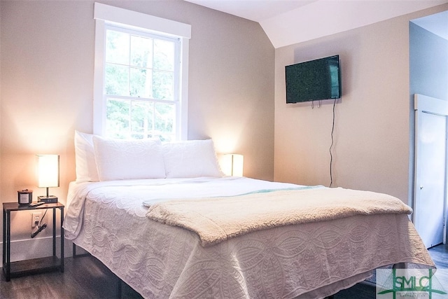 bedroom with vaulted ceiling and hardwood / wood-style floors