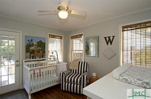 bedroom featuring dark wood-type flooring and ceiling fan