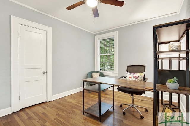 office area with ceiling fan, hardwood / wood-style flooring, and crown molding