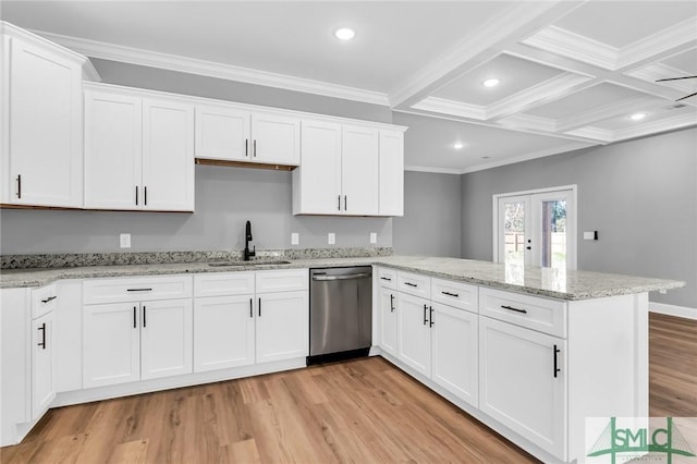 kitchen with stainless steel dishwasher, white cabinetry, sink, and french doors