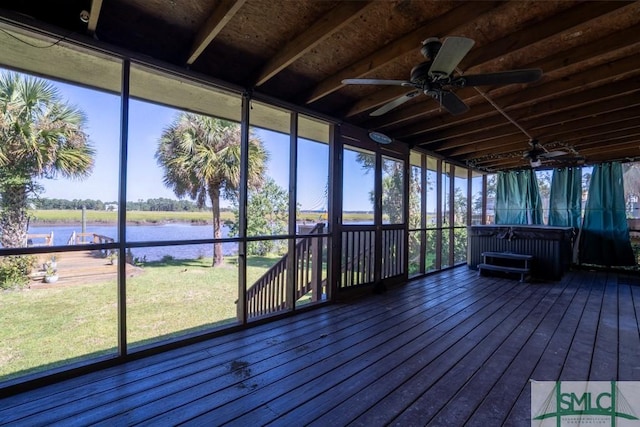 159 E 1st St, Midway, GA 31320 - unfurnished sunroom with a water view, a ceiling fan, and a jacuzzi