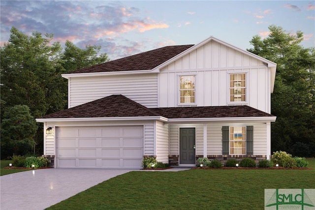 view of front of property with a garage, a porch, and a yard