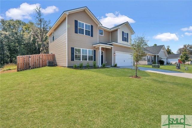 view of front facade featuring a front lawn, a garage, and cooling unit