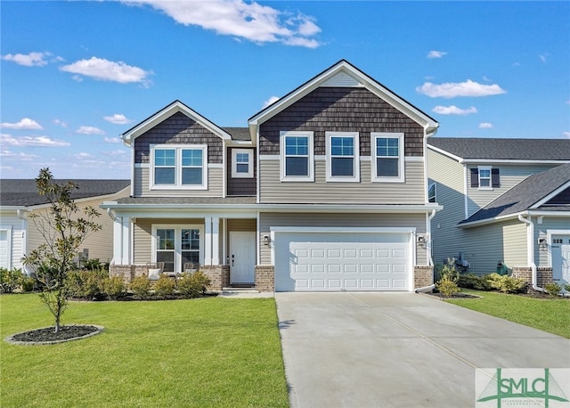 craftsman-style house with covered porch, a front yard, and a garage