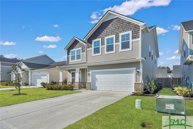 craftsman-style home featuring a front yard and a garage