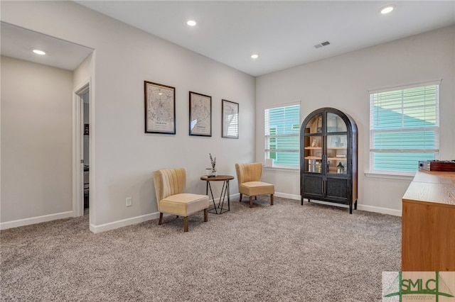 sitting room with light colored carpet