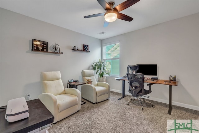 office featuring ceiling fan and carpet