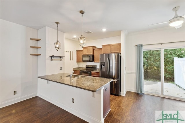 11330 White Bluff Rd Unit 46, Savannah, GA 31419 - kitchen with a peninsula, a sink, black appliances, and dark wood-type flooring