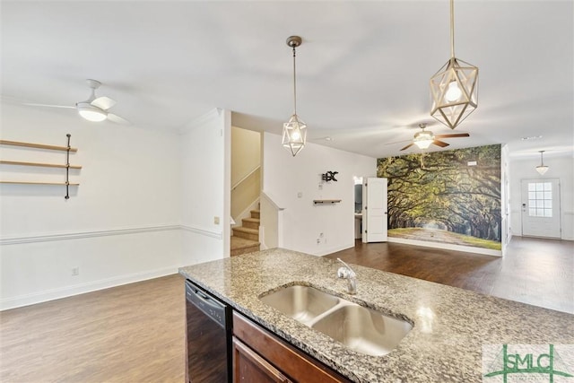 11330 White Bluff Rd Unit 46, Savannah, GA 31419 - kitchen with ceiling fan, a sink, black dishwasher, open floor plan, and wood finished floors