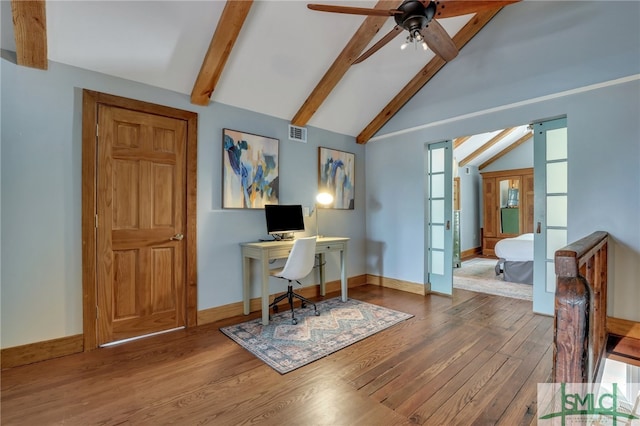 office with hardwood / wood-style floors, lofted ceiling with beams, and ceiling fan