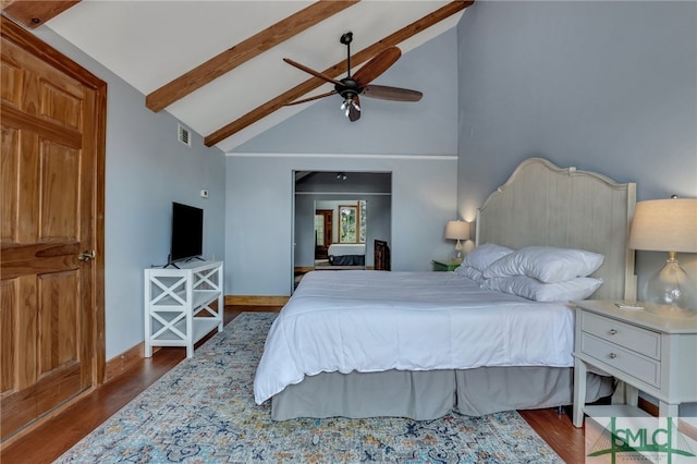 bedroom featuring beamed ceiling, high vaulted ceiling, ceiling fan, and wood-type flooring