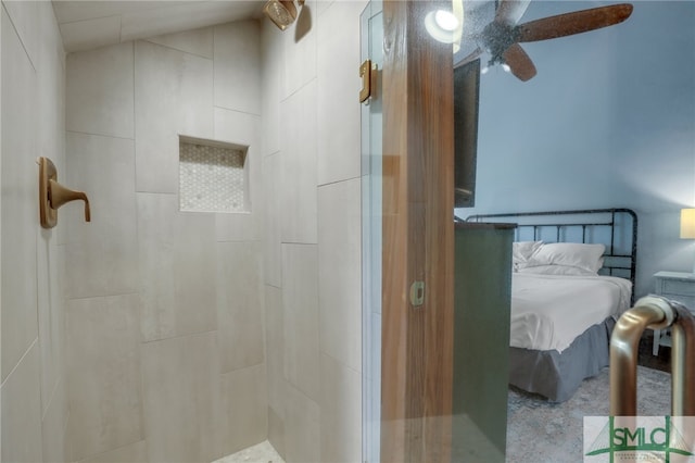 bathroom featuring a shower and ceiling fan