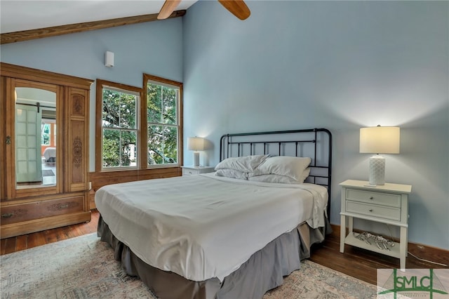 bedroom with high vaulted ceiling, beam ceiling, dark hardwood / wood-style flooring, and ceiling fan