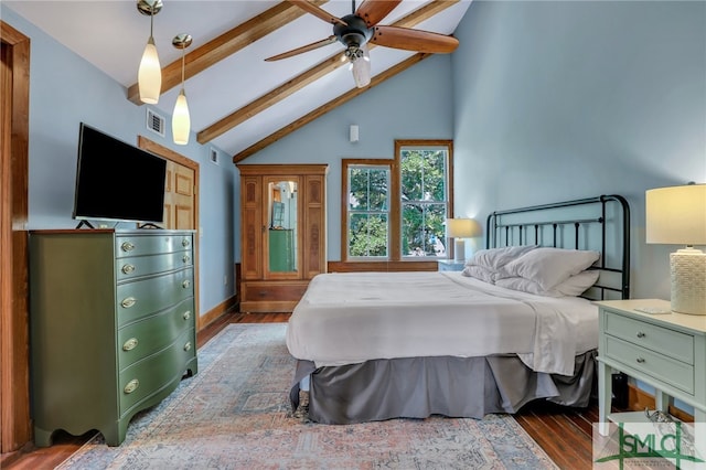 bedroom featuring ceiling fan, high vaulted ceiling, beam ceiling, and dark wood-type flooring