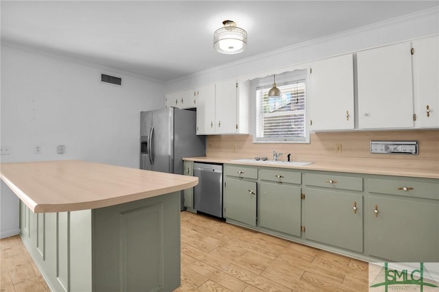 kitchen featuring white cabinetry, light wood-type flooring, sink, and appliances with stainless steel finishes