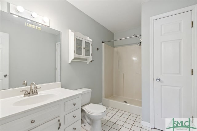 bathroom with vanity, toilet, tile patterned floors, and a shower