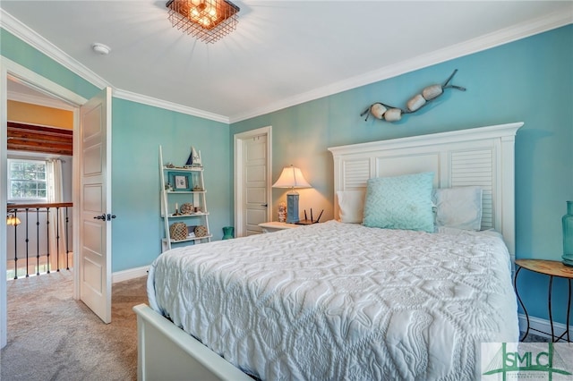 bedroom with light carpet and ornamental molding