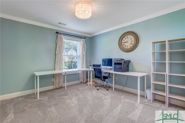 carpeted home office featuring ornamental molding