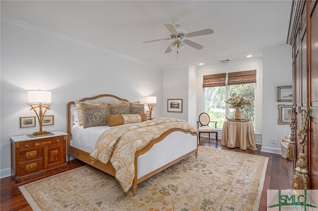 bedroom with dark hardwood / wood-style flooring, ceiling fan, and ornamental molding