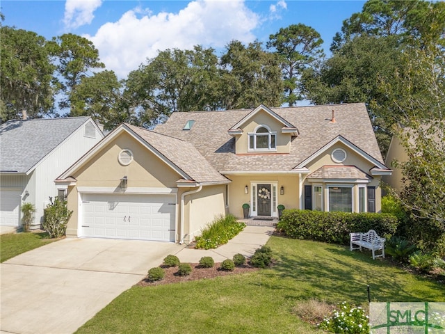 view of front of property featuring a front yard and a garage