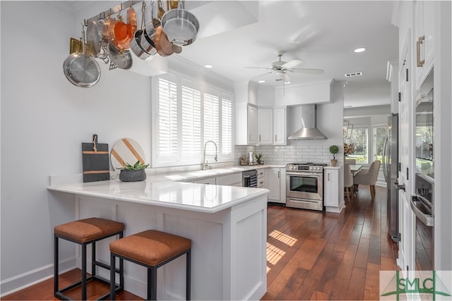 kitchen with white cabinetry, wall chimney exhaust hood, dark hardwood / wood-style flooring, kitchen peninsula, and appliances with stainless steel finishes