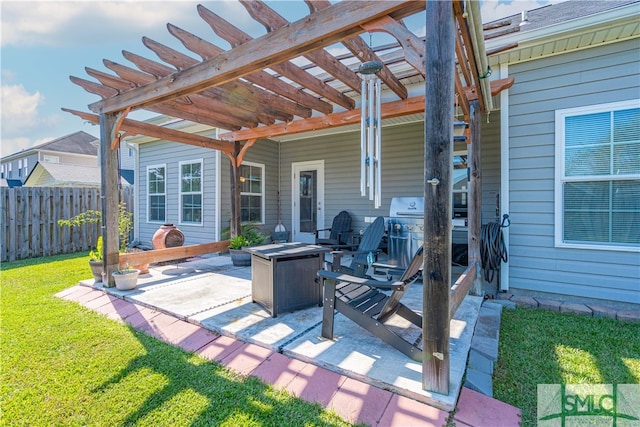 view of patio featuring a pergola, an outdoor fire pit, and a grill