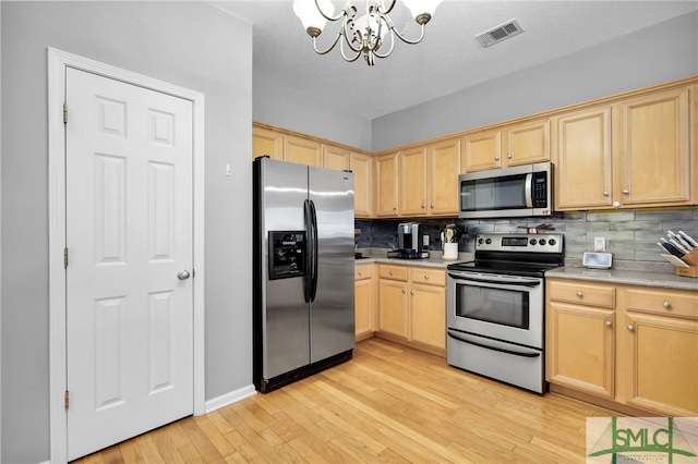 kitchen with light brown cabinets, backsplash, appliances with stainless steel finishes, light hardwood / wood-style floors, and a notable chandelier