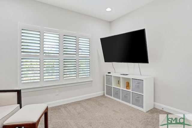 interior space featuring light carpet