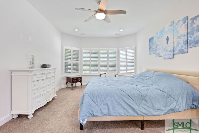 bedroom with ceiling fan and carpet flooring