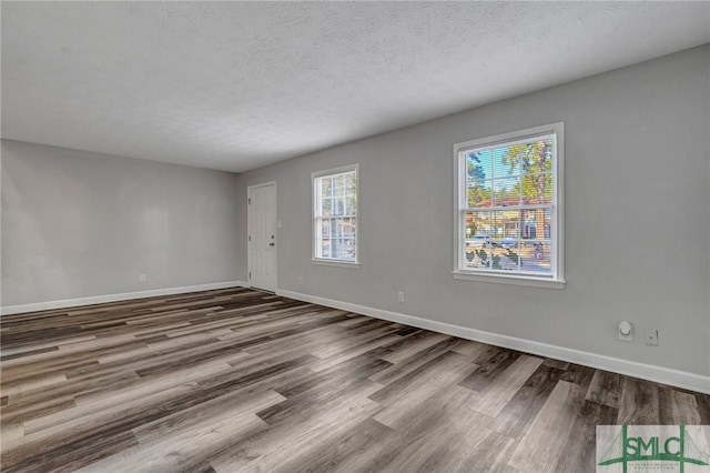 empty room with a textured ceiling and wood-type flooring