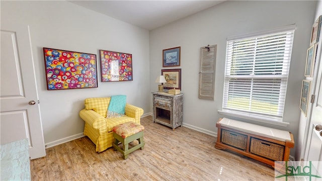 sitting room with a fireplace and light hardwood / wood-style floors