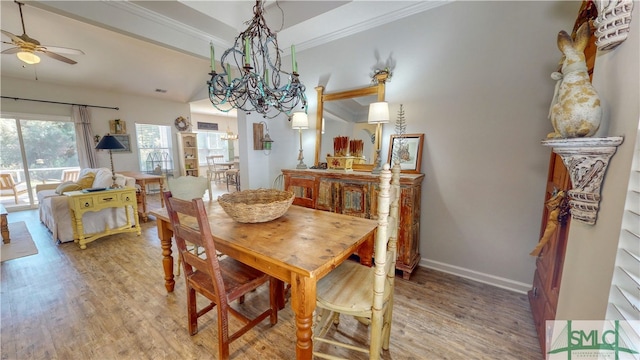 dining area with ceiling fan with notable chandelier, light hardwood / wood-style floors, and crown molding