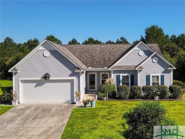 ranch-style house with a garage and a front yard