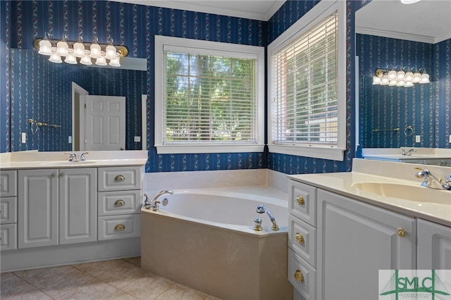 bathroom with vanity, ornamental molding, and a washtub